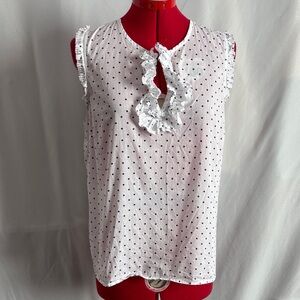 J. Crew White Sleeveless Polka Dot Ruffle Front Top